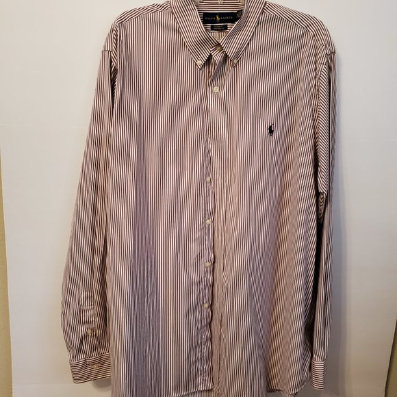 Ralph Lauren classic fit long sleeves brown/white custom fit-striped men shirt. - Picture 5 of 15